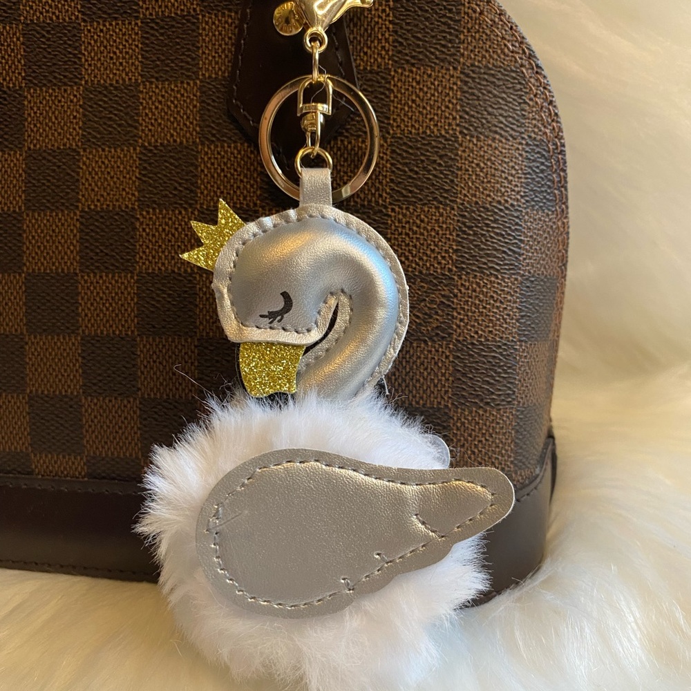 White Swan Flamingo pom Keychain ring charm